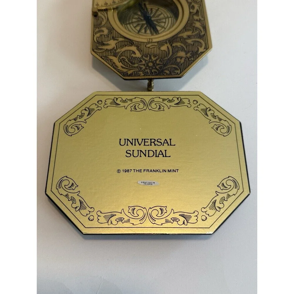 Vintage Franklin Mint Universal Sundial 1987 Brass Compass on Wood Base